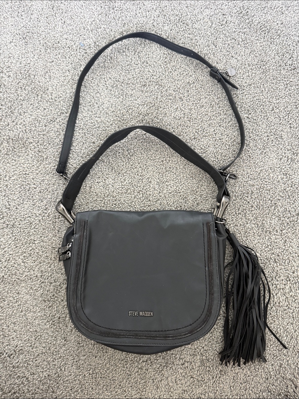 Steve Madden Black Leather Crossbody with Fringe Tassel